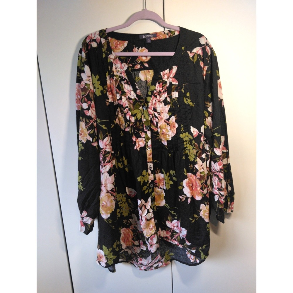 Roaman's Women's  Floral Button Down Tunic Top Plus Size 28W Roses Lightweight